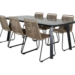 Ruokailuryhmä Venture Home, 200x100cm ruskea/musta Paola-pöytä + 6 pinottavaa Lindos-tuolia