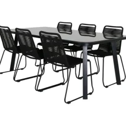 Ruokailuryhmä Venture Home, 200x100cm ruskea/musta Paola-pöytä + 6 pinottavaa Lindos-tuolia
