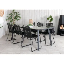 Ruokailuryhmä Venture Home, 200x100cm ruskea/musta Paola-pöytä + 6 pinottavaa Lindos-tuolia