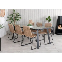 Ruokailuryhmä Venture Home, 200x100cm ruskea/musta Paola-pöytä + 6 pinottavaa Lindos-tuolia