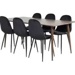 Ruokailuryhmä Venture Home, 180x90cm ruskea Polar-pöytä + 6 mustaa Polar-tuolia, sametti