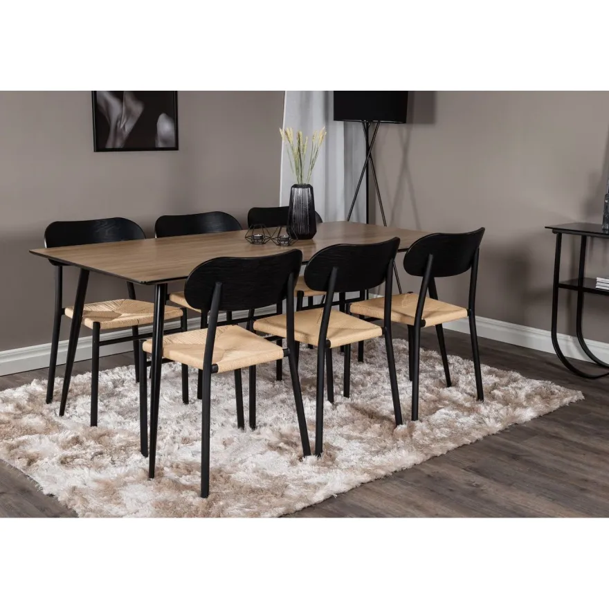 Ruokailuryhmä Venture Home, 180x90cm ruskea Silar-pöytä + 6 beige-mustaa Polly-tuolia