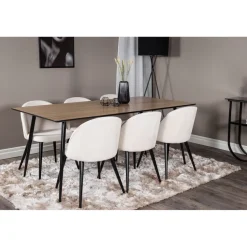 Ruokailuryhmä Venture Home, 180x90cm ruskea Silar-pöytä + 6 beigeä Velvet-tuolia, vakosametti
