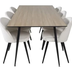 Ruokailuryhmä Venture Home, 180x90cm ruskea Silar-pöytä + 6 beigeä Velvet-tuolia, vakosametti