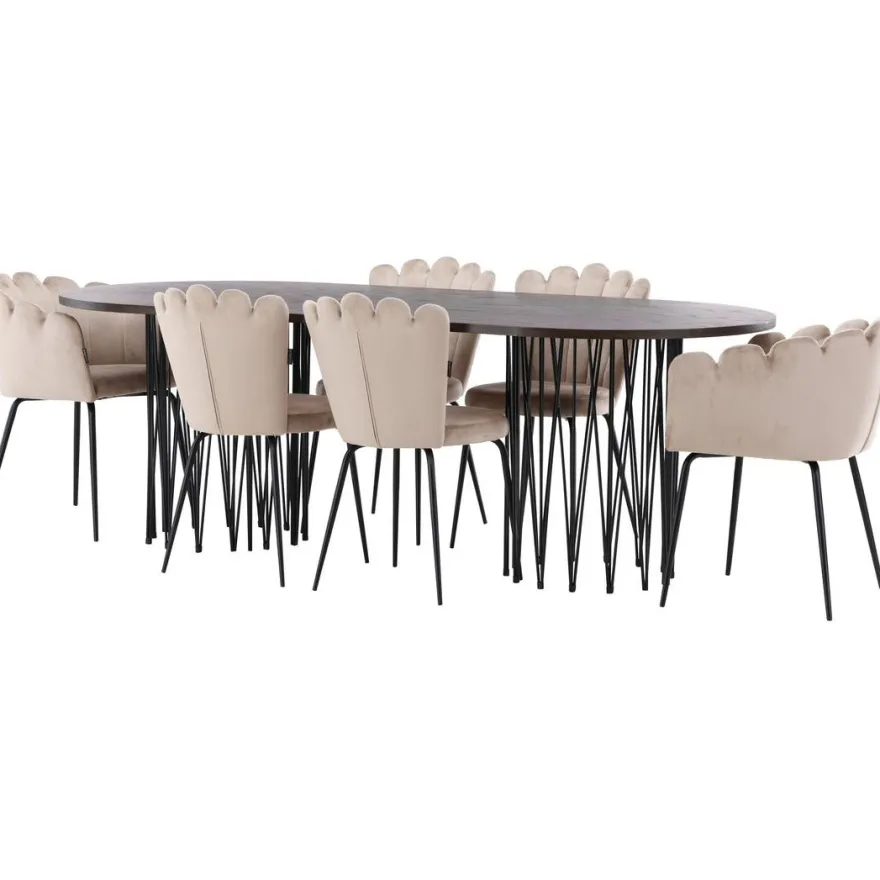 Ruokailuryhmä Venture Home, 220x100cm ruskea Stone Oval -pöytä + 2 beigeä Limhamn- ja 4 beigeä Limnhamn Light -tuolia, sametti