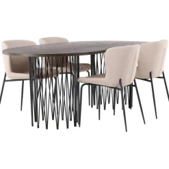 Ruokailuryhmä Venture Home, 220x100cm ruskea Stone Oval -pöytä + 4 beigeä Modesto-tuolia, bouclé
