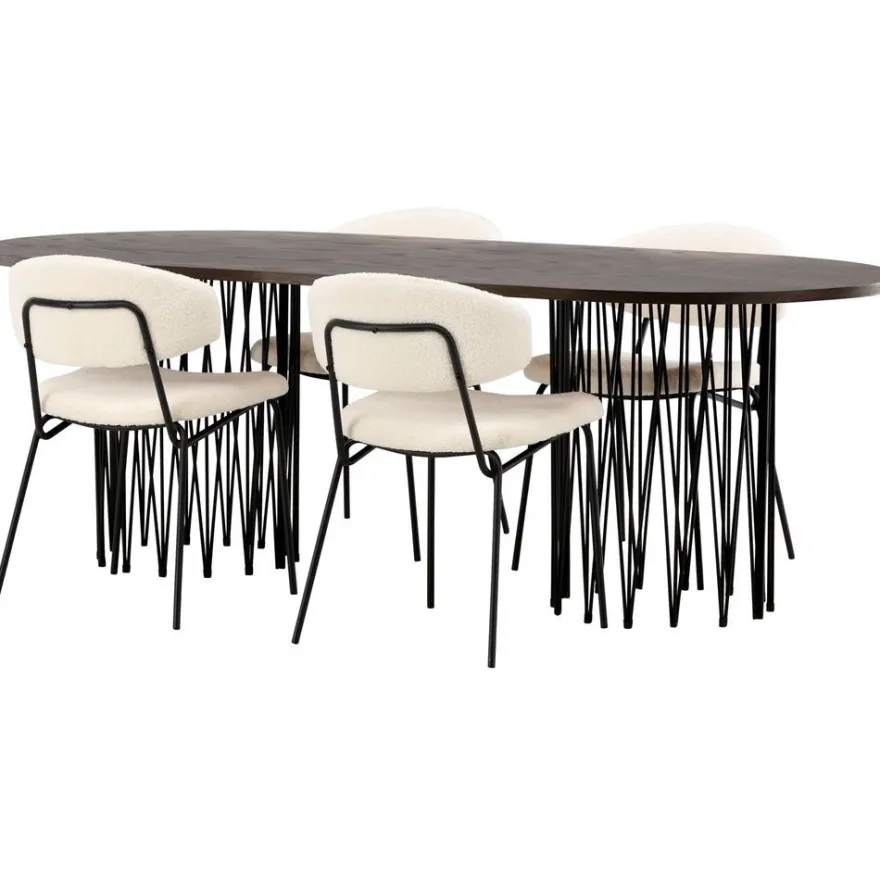 Ruokailuryhmä Venture Home, 220x100cm ruskea Stone Oval -pöytä + 4 valkoista Chico-tuolia, bouclé