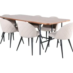 Ruokailuryhmä Venture Home, 200x90cm ruskea Uno-pöytä + 6 beigeä Velvet-tuolia