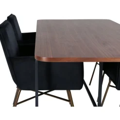 Ruokailuryhmä Venture Home, 200x90cm ruskea Uno-pöytä + 4 mustaa Petra-tuolia, sametti