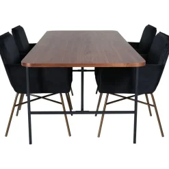 Ruokailuryhmä Venture Home, 200x90cm ruskea Uno-pöytä + 4 mustaa Petra-tuolia, sametti