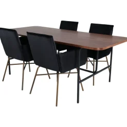 Ruokailuryhmä Venture Home, 200x90cm ruskea Uno-pöytä + 4 mustaa Petra-tuolia, sametti