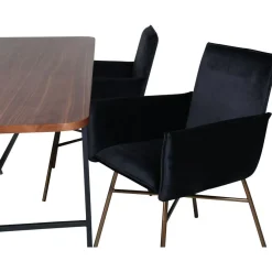 Ruokailuryhmä Venture Home, 200x90cm ruskea Uno-pöytä + 4 mustaa Petra-tuolia, sametti