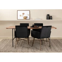 Ruokailuryhmä Venture Home, 200x90cm ruskea Uno-pöytä + 4 mustaa Petra-tuolia, sametti