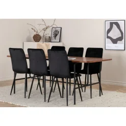 Ruokailuryhmä Venture Home, 200x90cm ruskea Uno-pöytä + 6 mustaa Windu-tuolia, sametti