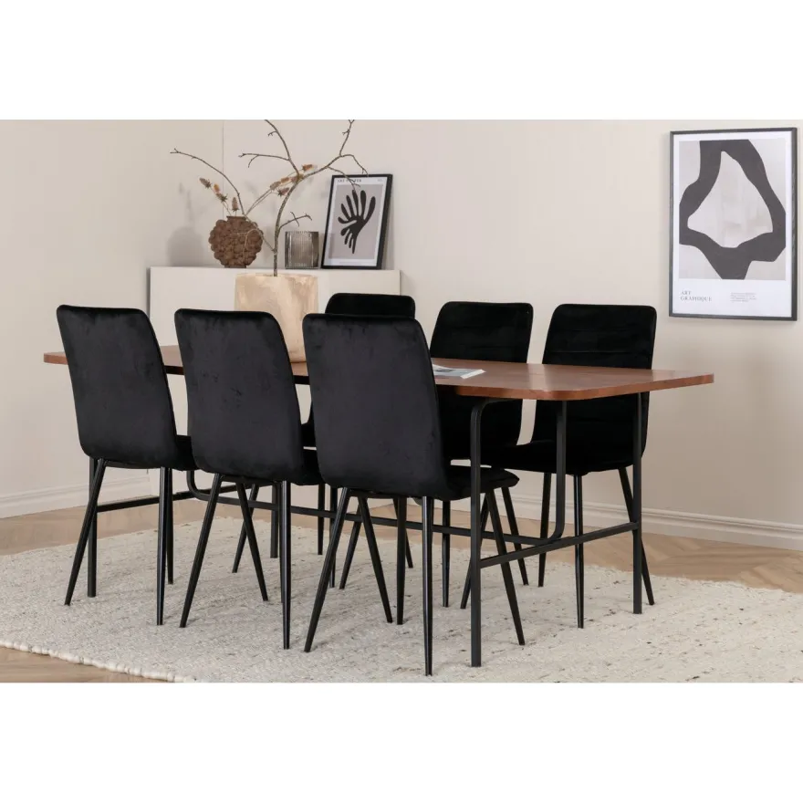 Ruokailuryhmä Venture Home, 200x90cm ruskea Uno-pöytä + 6 mustaa Windu-tuolia, sametti