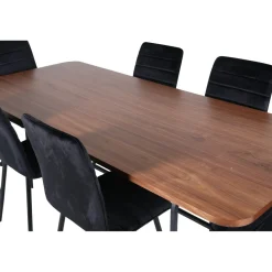 Ruokailuryhmä Venture Home, 200x90cm ruskea Uno-pöytä + 6 mustaa Windu-tuolia, sametti