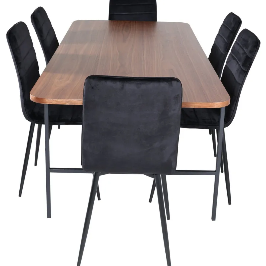 Ruokailuryhmä Venture Home, 200x90cm ruskea Uno-pöytä + 6 mustaa Windu-tuolia, sametti