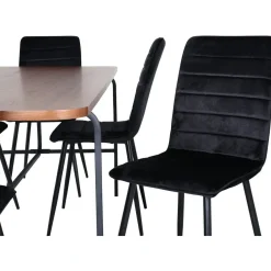 Ruokailuryhmä Venture Home, 200x90cm ruskea Uno-pöytä + 6 mustaa Windu-tuolia, sametti