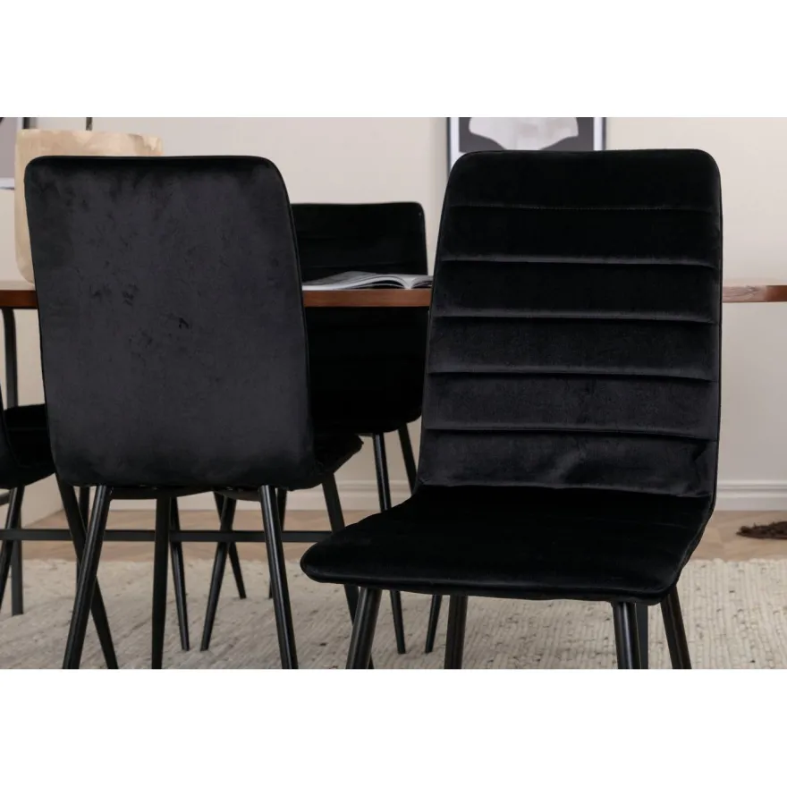 Ruokailuryhmä Venture Home, 200x90cm ruskea Uno-pöytä + 6 mustaa Windu-tuolia, sametti