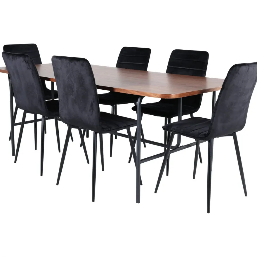 Ruokailuryhmä Venture Home, 200x90cm ruskea Uno-pöytä + 6 mustaa Windu-tuolia, sametti