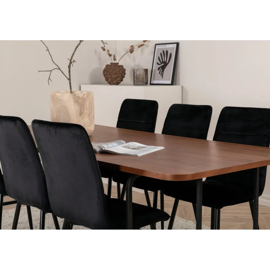 Ruokailuryhmä Venture Home, 200x90cm ruskea Uno-pöytä + 6 mustaa Windu-tuolia, sametti