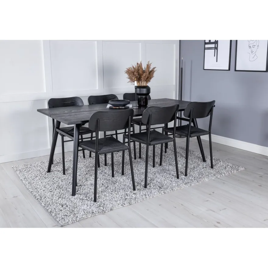 Ruokailuryhmä Venture Home, 190x95cm Sleek-ruokapöytä + 6 mustaa Polly-tuolia
