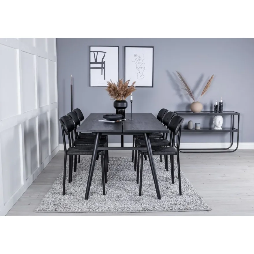 Ruokailuryhmä Venture Home, 190x95cm Sleek-ruokapöytä + 6 mustaa Polly-tuolia