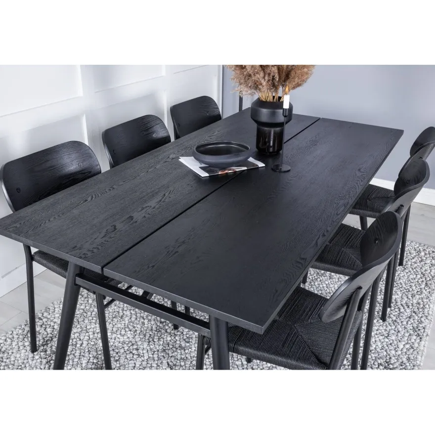 Ruokailuryhmä Venture Home, 190x95cm Sleek-ruokapöytä + 6 mustaa Polly-tuolia