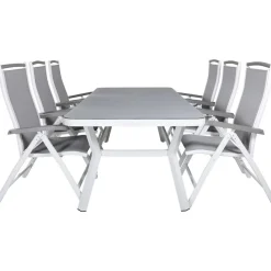 Ruokailuryhmä Venture Home, 200x100cm valkoinen/harmaa Virya-pöytä + 6 harmaa/valkoista Albany-säätötuolia