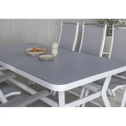 Ruokailuryhmä Venture Home, 200x100cm valkoinen/harmaa Virya-pöytä + 6 harmaa/valkoista Albany-säätötuolia