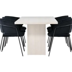 Ruokailuryhmä Venture Home, 200x90cm valkoinen Olga-pöytä + 6 mustaa Selma-tuolia, sametti