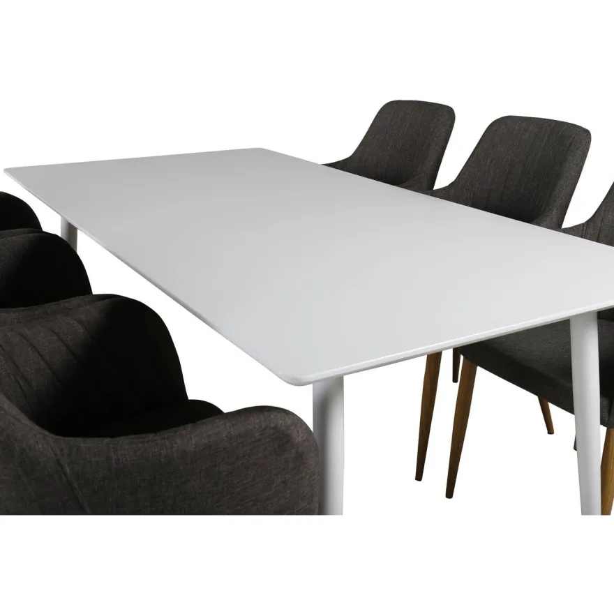 Ruokailuryhmä Venture Home, 180x90cm valkoinen Polar-pöytä + 6 tummanharmaata Comfort-tuolia