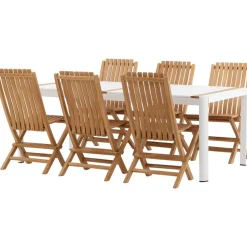 Ruokailuryhmä Venture Home, 200x100cm valkoinen/tiikki Togo-pöytä + 6 ruskeaa Ghana-taittotuolia