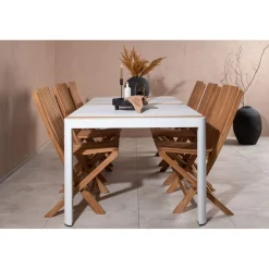 Ruokailuryhmä Venture Home, 200x100cm valkoinen/tiikki Togo-pöytä + 6 ruskeaa Ghana-taittotuolia
