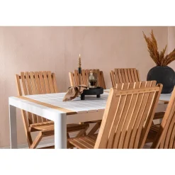 Ruokailuryhmä Venture Home, 200x100cm valkoinen/tiikki Togo-pöytä + 6 ruskeaa Ghana-taittotuolia