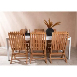 Ruokailuryhmä Venture Home, 200x100cm valkoinen/tiikki Togo-pöytä + 6 ruskeaa Ghana-taittotuolia