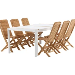 Ruokailuryhmä Venture Home, 200x100cm valkoinen/tiikki Togo-pöytä + 6 ruskeaa Ghana-taittotuolia