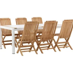 Ruokailuryhmä Venture Home, 200x100cm valkoinen/tiikki Togo-pöytä + 6 ruskeaa Ghana-taittotuolia