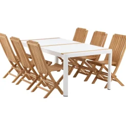 Ruokailuryhmä Venture Home, 200x100cm valkoinen/tiikki Togo-pöytä + 6 ruskeaa Ghana-taittotuolia
