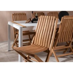 Ruokailuryhmä Venture Home, 200x100cm valkoinen/tiikki Togo-pöytä + 6 ruskeaa Ghana-taittotuolia