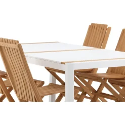 Ruokailuryhmä Venture Home, 200x100cm valkoinen/tiikki Togo-pöytä + 6 ruskeaa Ghana-taittotuolia