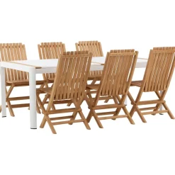 Ruokailuryhmä Venture Home, 200x100cm valkoinen/tiikki Togo-pöytä + 6 ruskeaa Ghana-taittotuolia