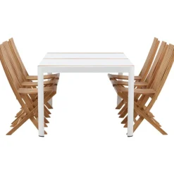 Ruokailuryhmä Venture Home, 200x100cm valkoinen/tiikki Togo-pöytä + 6 ruskeaa Ghana-taittotuolia