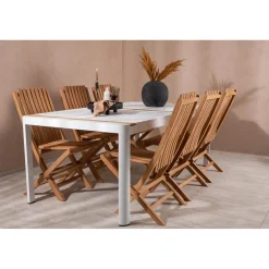 Ruokailuryhmä Venture Home, 200x100cm valkoinen/tiikki Togo-pöytä + 6 ruskeaa Ghana-taittotuolia