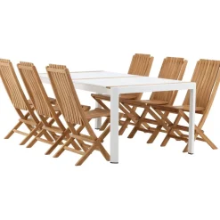 Ruokailuryhmä Venture Home, 200x100cm valkoinen/tiikki Togo-pöytä + 6 ruskeaa Ghana-taittotuolia