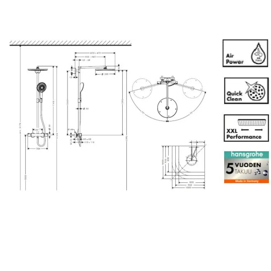 Sadesuihkusetti Hansgrohe Raindance Select S 300 Showerpipe, termostaattihanalla, suihkupää ⌀300mm, vettä säästävä, yläsuihkulla ja käsisuihkulla, kiiltävä kromi
