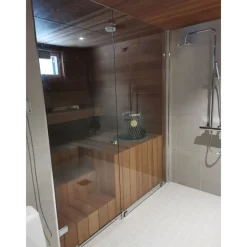 Saunan lasiseinä Maakunnan lasi, ovi + ylälasi + 2 seinää, eri värejä, mittatilaus