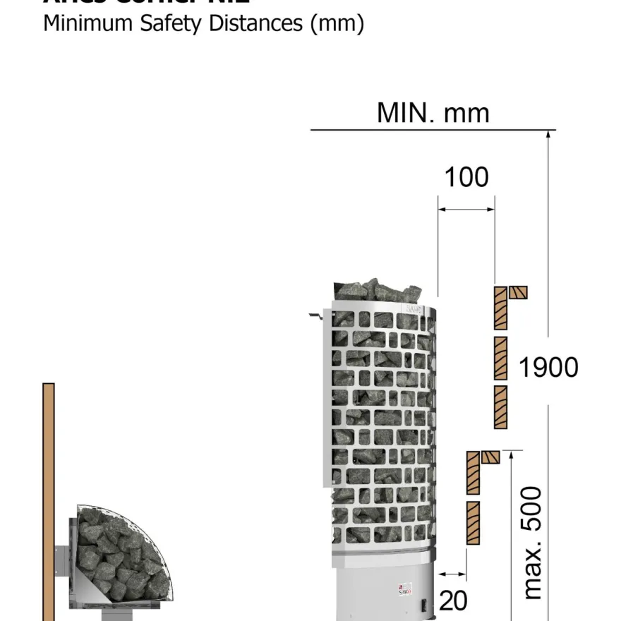 Sähkökiuas SAWO Aries Corner Ni2, 6kW, 5-8m³, erillinen ohjaus