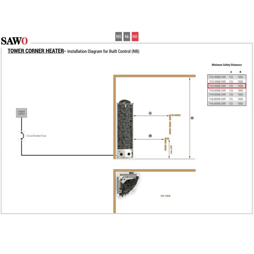 Sähkökiuas SAWO Tower Corner, 4.5kW, 3-6m³, kiinteä ohjauskeskus
