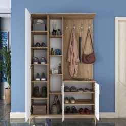 Säilytyskokonaisuus eteiseen Linento Furniture EA109-2695, leveys 120cm, valkoinen/ruskea